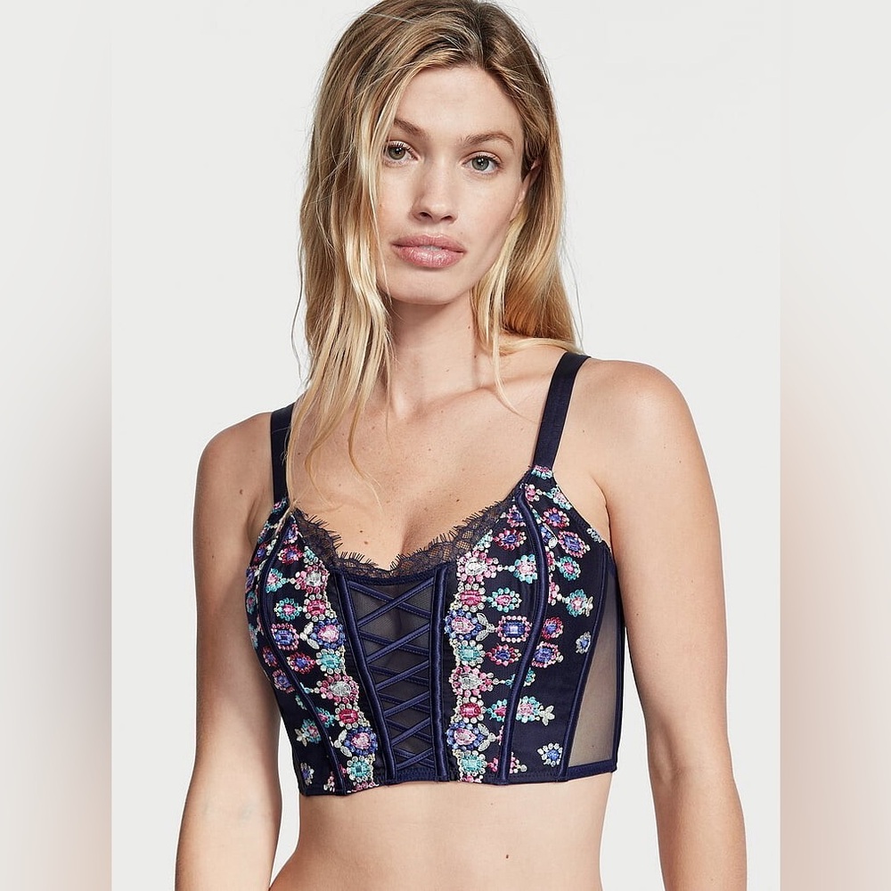 Victoria's Secret Bejeweled Navy Floral Lace Corset